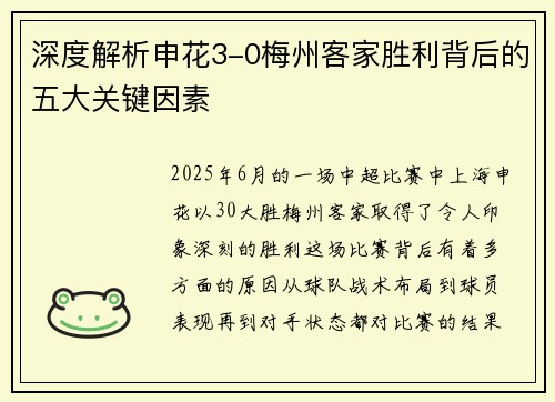 深度解析申花3-0梅州客家胜利背后的五大关键因素